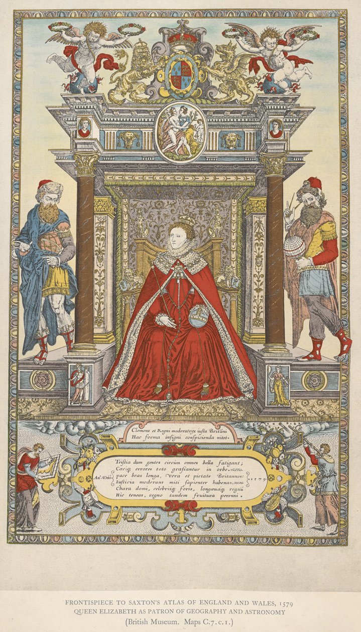 Dronning Elizabeth som beskytter av geografi og astronomi. Frontispice til Saxtons atlas over England Wales fra 1579 (farge litho) av English School