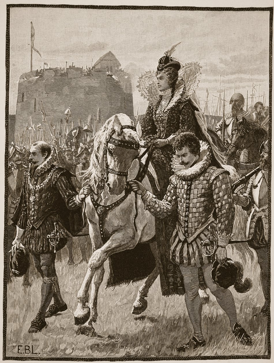 Dronning Elizabeth på Tilbury, illustrasjon fra Cassells Illustrated History of England (sepia-bilde) av English School
