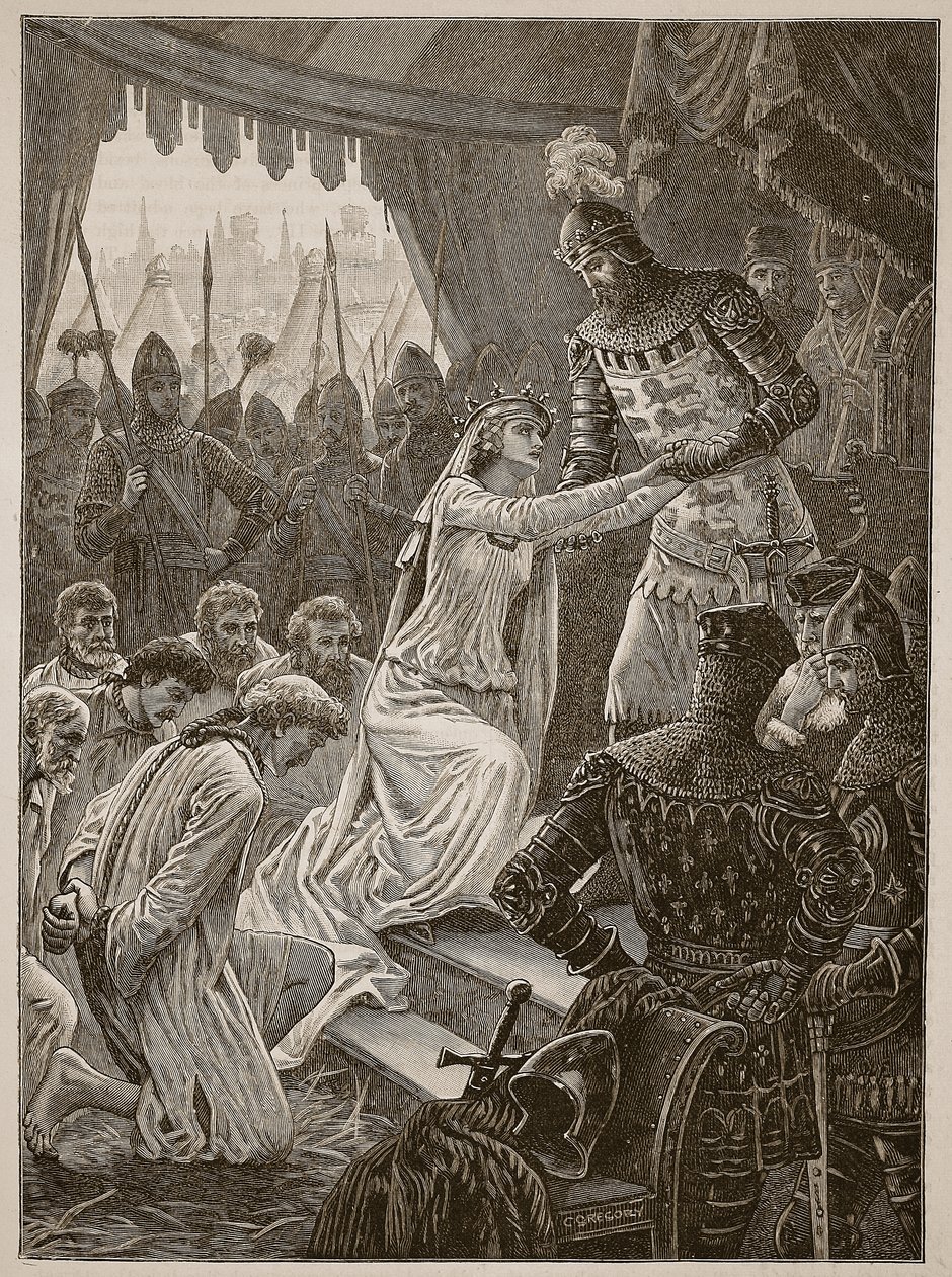 Dronning Philippa går i forbønn for burghessene i Calais, illustrasjon fra Cassells Illustrated History of England (sepia-bilde) av English School