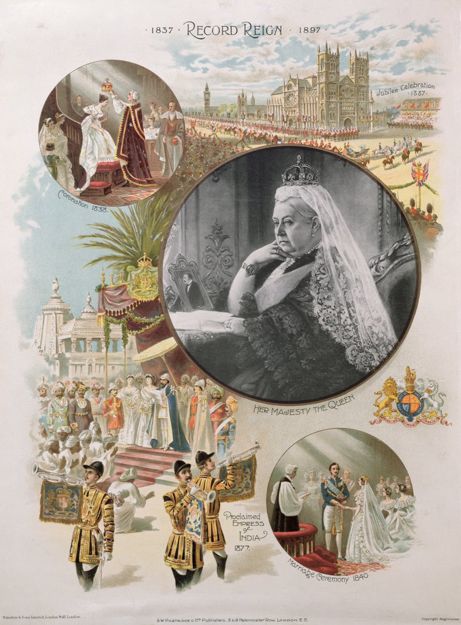 Dronning Victoria (1819-1901) avbildet på tidspunktet for hennes diamantjubileum i 1897 sammen med noen av hovedbegivenhetene i livet hennes, 1897 av English School