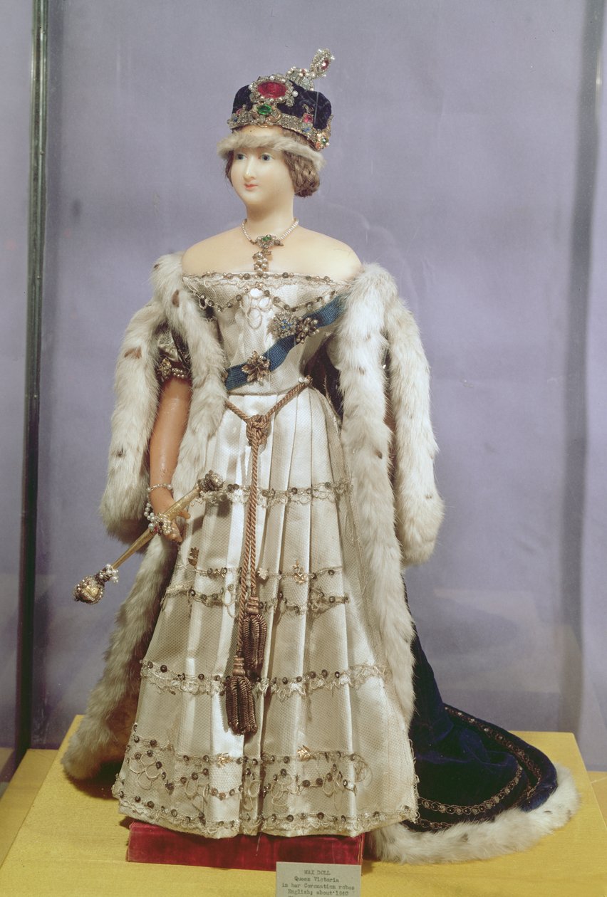 Dronning Victoria (1819-1901) dukke kledd i kroningskappene sine, ca. 1840 (voks) av English School