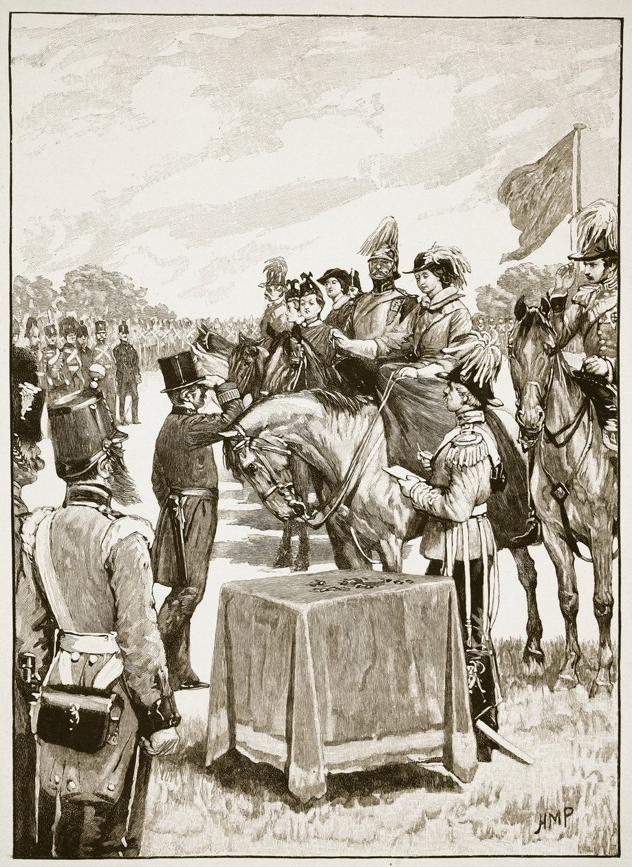 Dronning Victoria ved den første presentasjonen for Victoria Cross, illustrasjon fra Cassells Illustrated History of England (sepiafoto) av English School