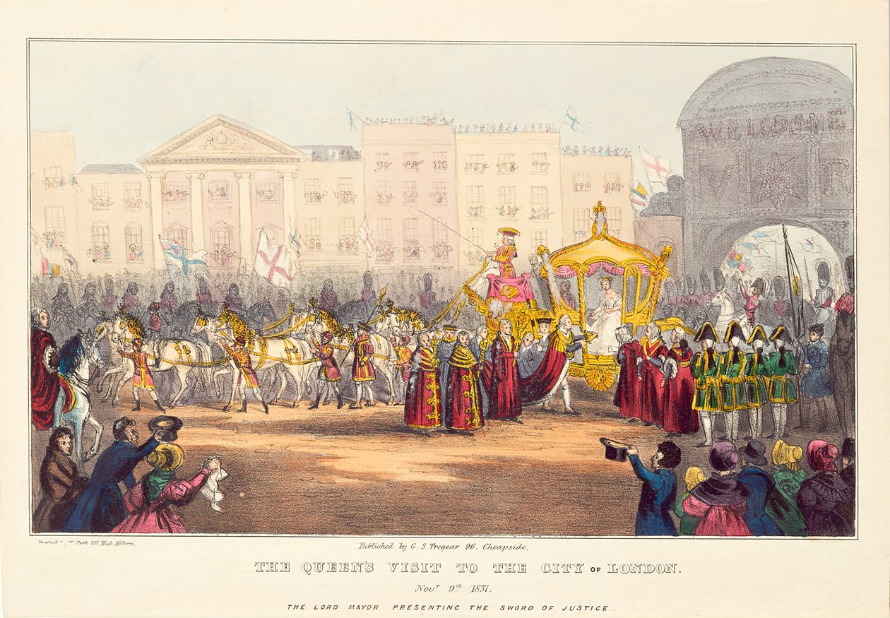Dronning Victoria kommer inn i City of London ved Temple Bar, gravert av G. Tregear, 1837 av English School