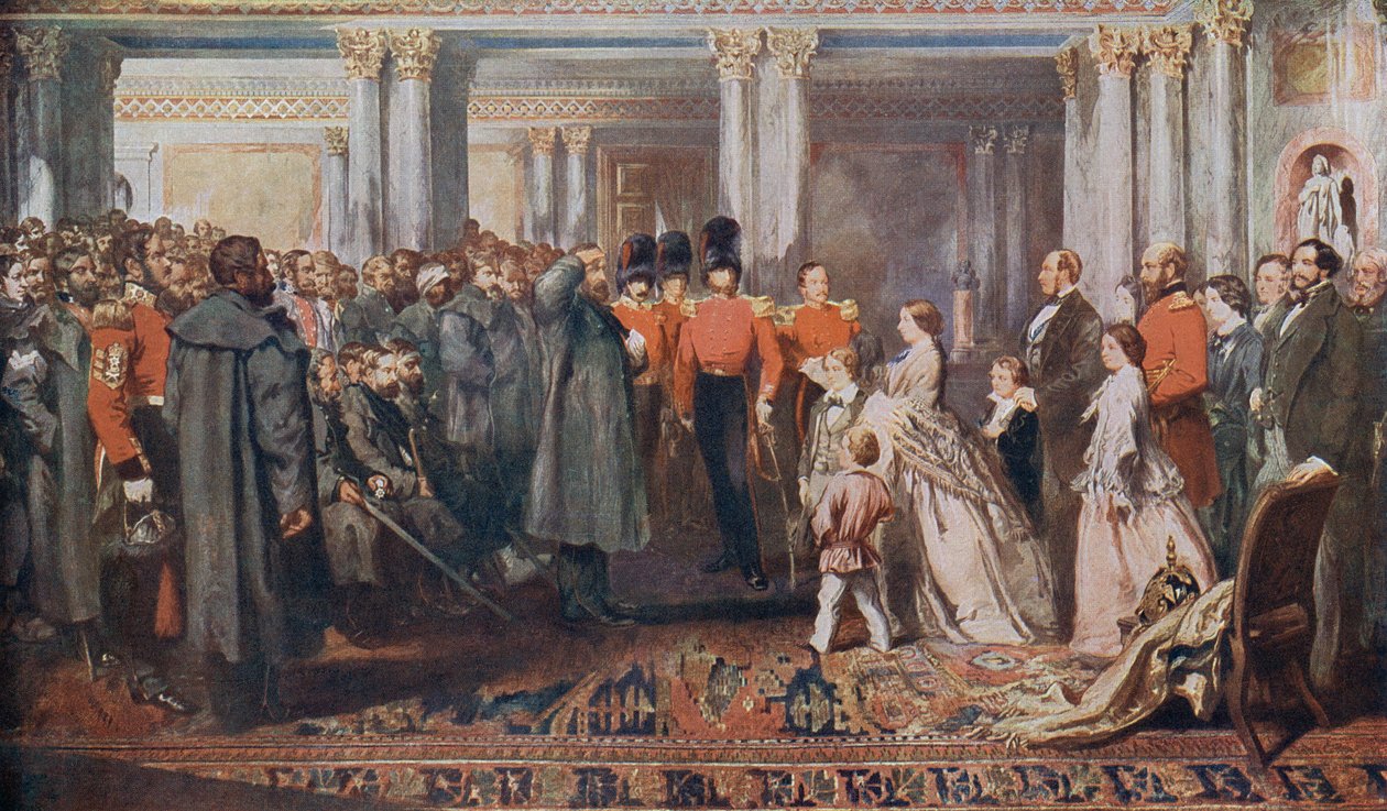 Dronning Victoria tar imot Krimkrigsveteraner i audiens av English School