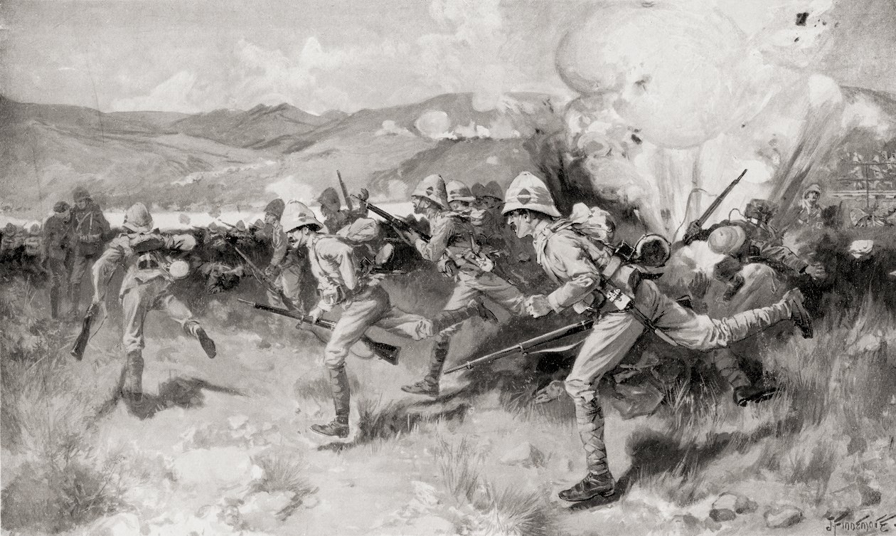 Queen's Royal West Surrey Regiment ledet det sentrale angrepet under slaget ved Colenso, Natal, Sør-Afrika, fra 'South Africa and the Transvaal War', av Louis Creswicke, utgitt 1900 (litho) av English School