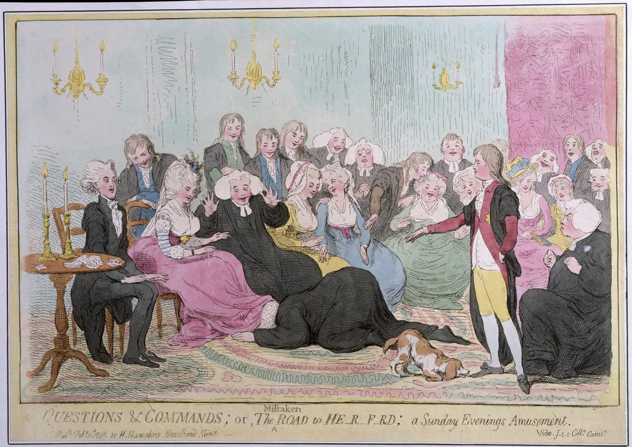 Spørsmål og kommandoer, eller The Mistaken Road to Hrf-rd: a Sunday Evenings Amusement, utgitt av Hannah Humphrey i 1788 (håndfarget etsning) av English School