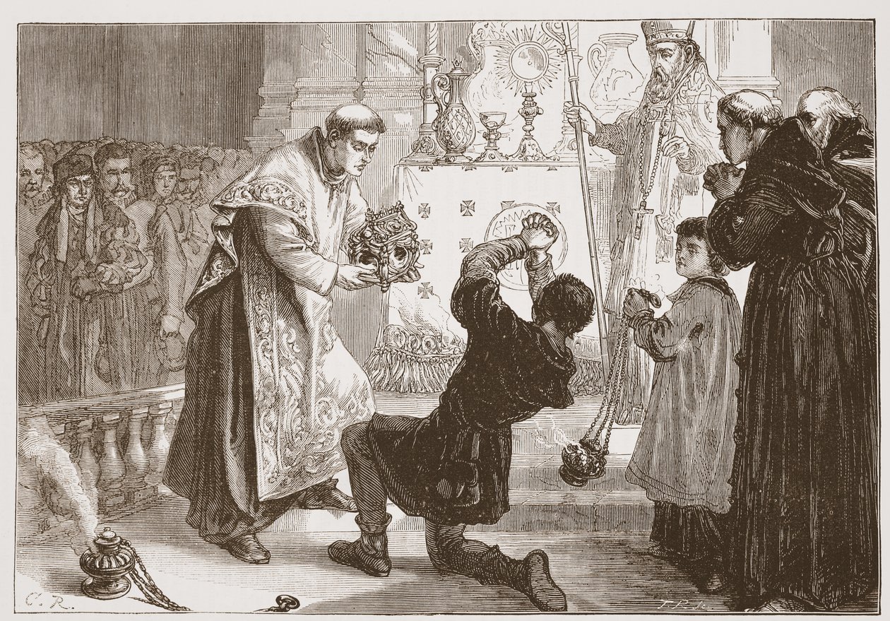 Radziwills Miracle: curing a sham demoniac, illustrasjon fra The History of Protestantism av James Aitken Wylie (1808-1890), pub. 1878 av English School