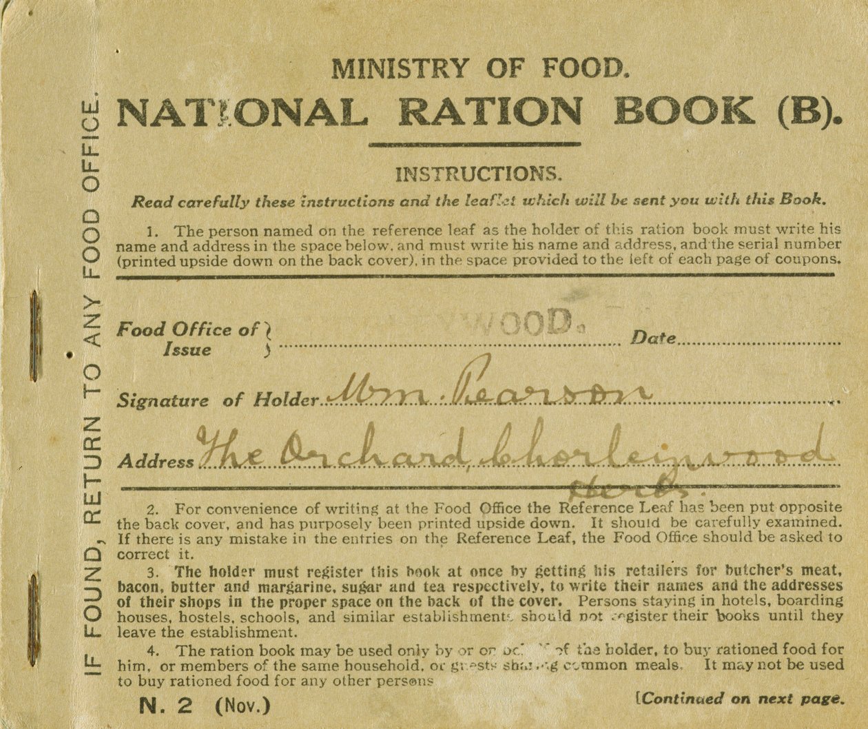 Rasjonsbok for William Pearson, Chorleywood, Hertfordshire, 1919 (trykk) av English School
