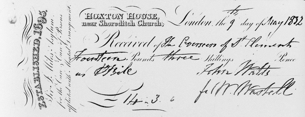 Kvittering for betaling mottatt av Sir Jonathan Miles asyl ved Hoxton House, 1832 (blekk på trykt papir) av English School