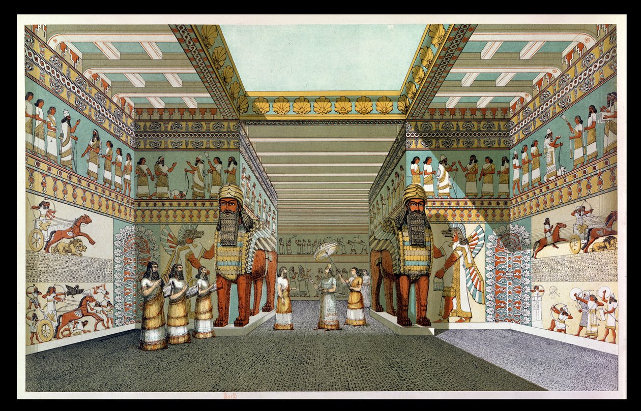 Rekonstruksjon av hallen til et assyrisk palass, fra Discoveries in the Ruins of Nineveh and Babylon av Austen Henry Layard (1817-94) av English School