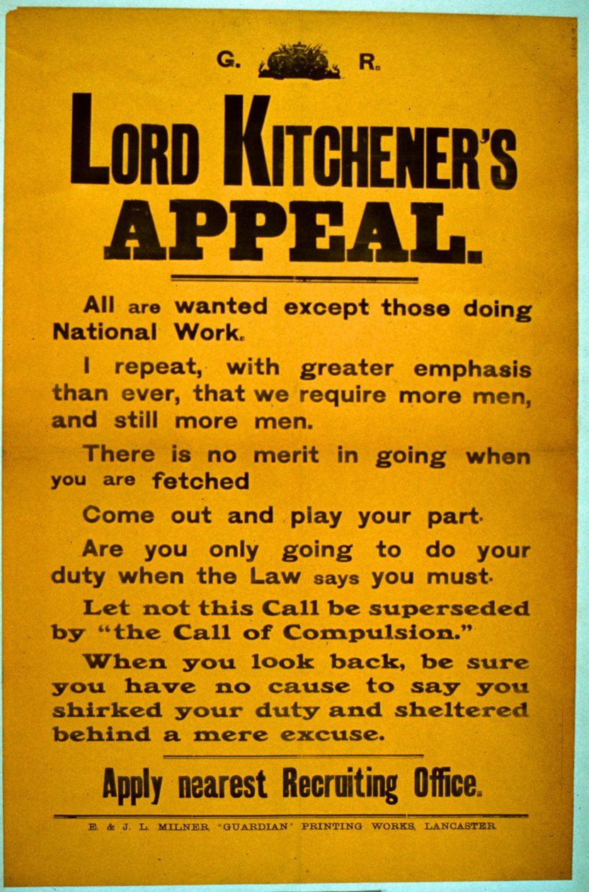 Rekrutteringsplakat - Lord Kitcheners appell, 1914-18 av English School