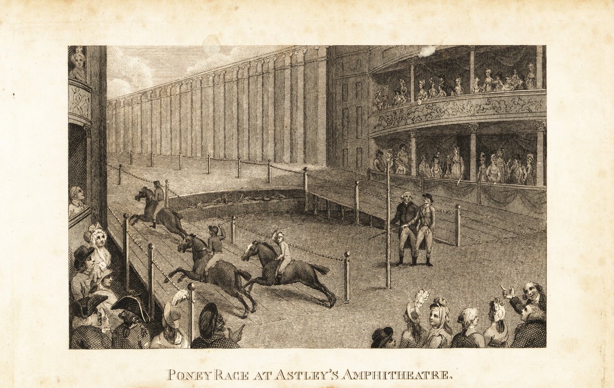 Regency-publikum i teaterbokser og boder som ser på et hesteveddeløp i Astley