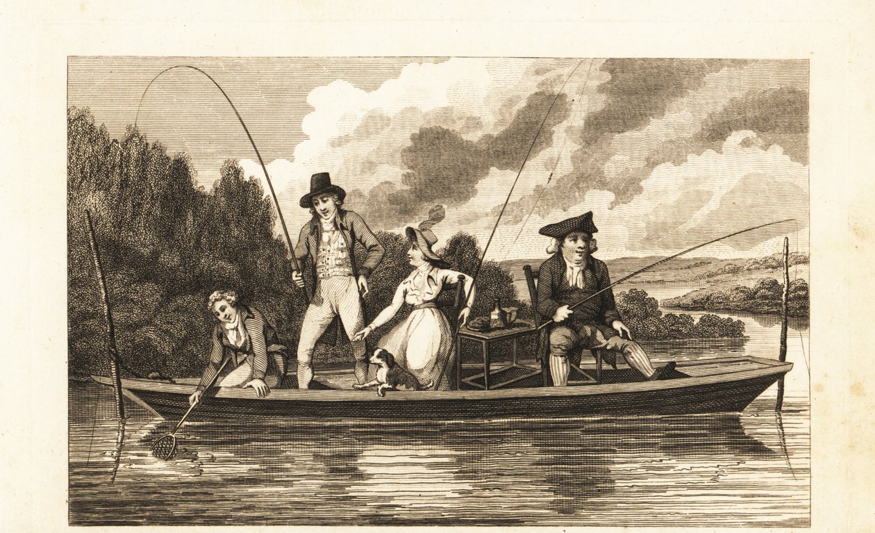 Regency-herrer og -dame som fisker på en punt i Themsen av English School