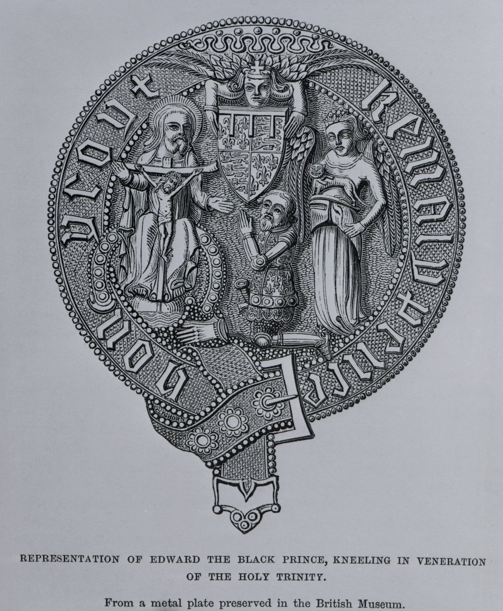 Representasjon av Edward den svarte prinsen som kneler i ære for den hellige treenighet av English School