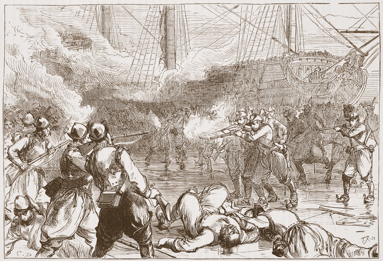 Repulse of the Spanish Soldiers at Amsterdam, illustrasjon fra The History of Protestantism av James Aitken Wylie (1808-1890), pub. 1878 av English School