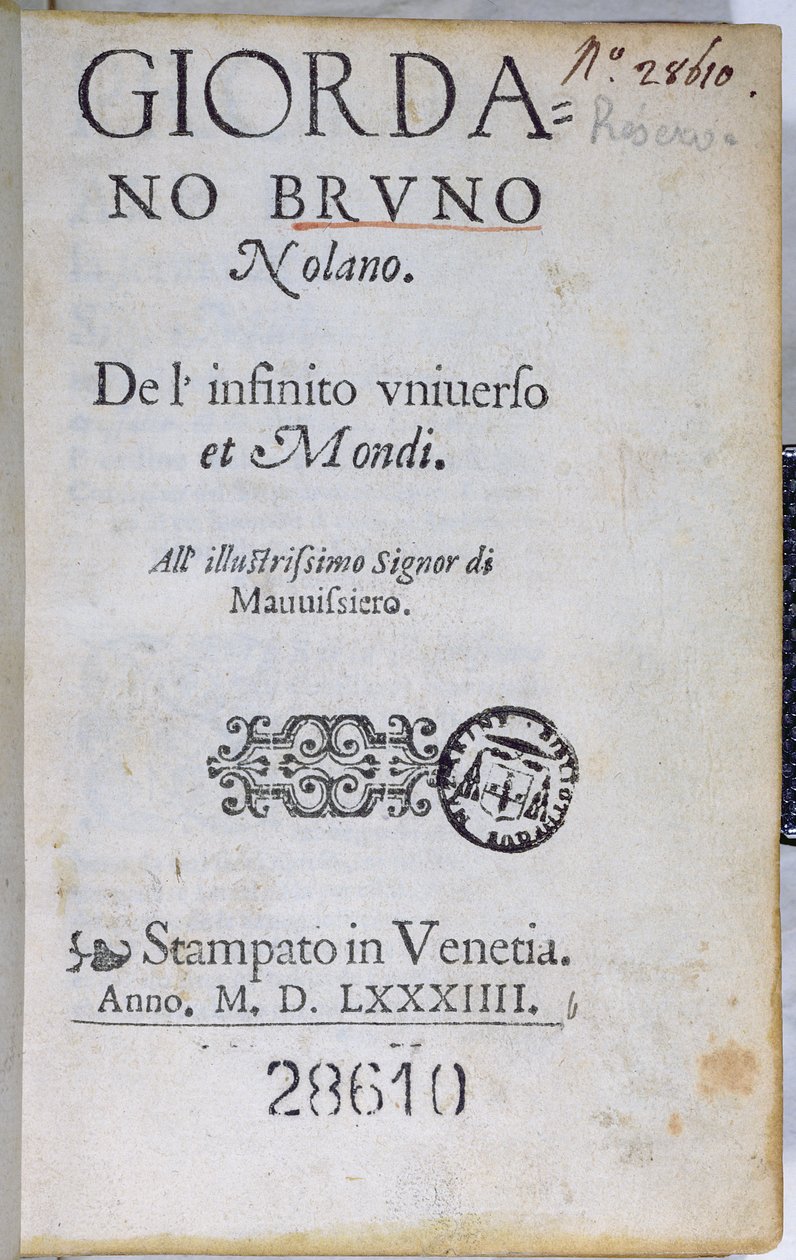 Res 28610 Tittelside til De lInfinito Universo et Mondi av Giordano Bruno, utgitt i London, 1584 (trykt papir) av English School