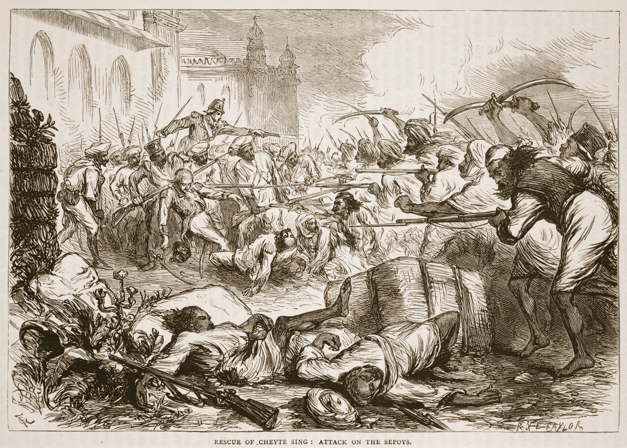 Rescue of Cheyte Sing: angrep på sepoyene, illustrasjon fra Cassells Illustrated History of India av James Grant, pub. 1879 av English School