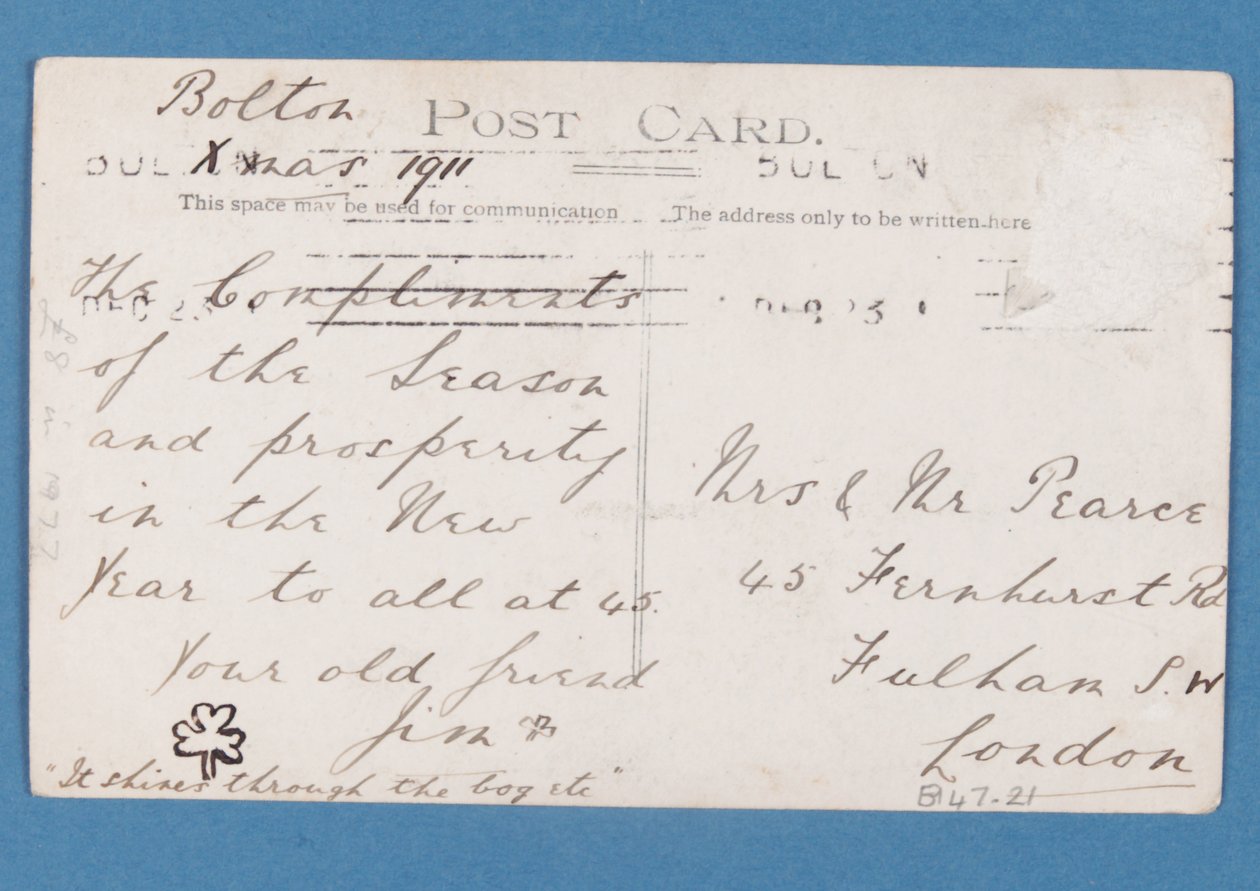 Baksiden av Bolton Wanderers FC-spillerpostkort, 1911-12 av English School