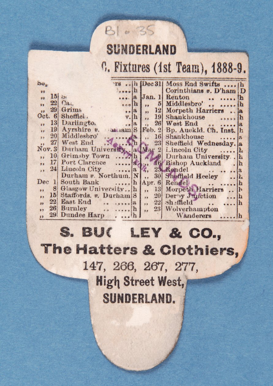 Baksiden av Cant be Beaten. Spill Up Sunderland. Buckleys hatter av English School