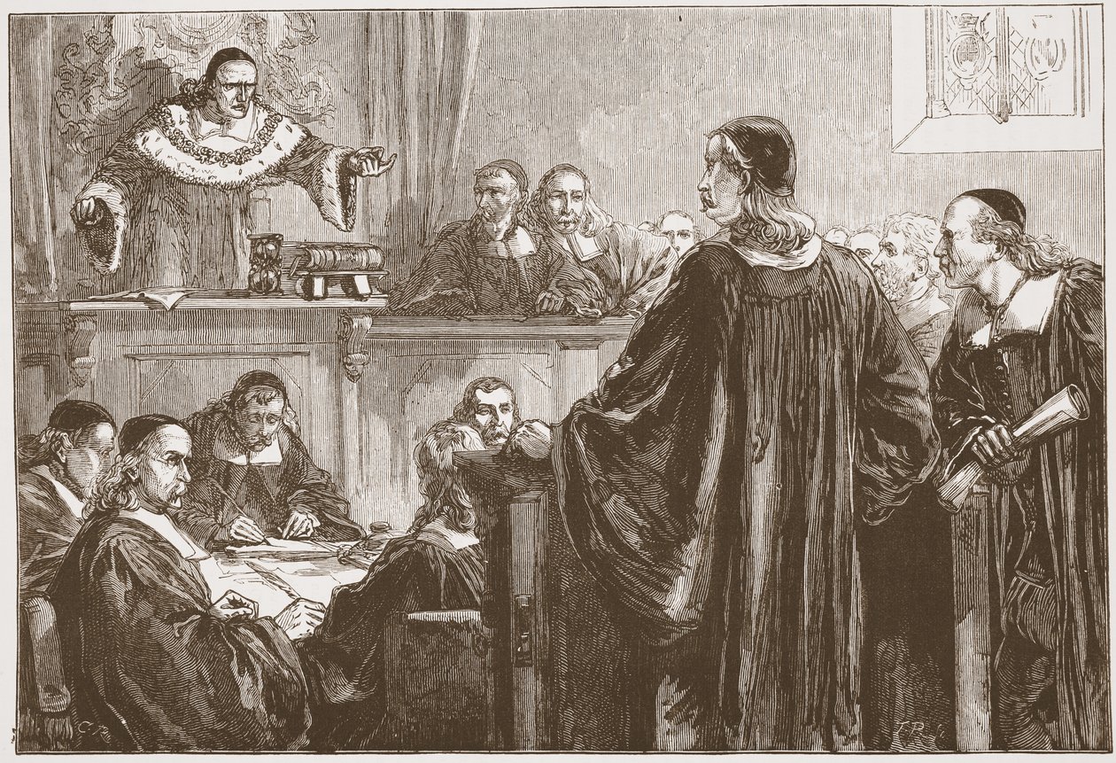 Richard Baxter før dommer Jeffreys, illustrasjon fra The History of Protestantism av James Aitken Wylie (1808-1890), pub. 1878 av English School