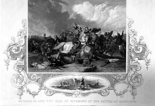 Richard III og jarlen av Richmond i slaget ved Bosworth (gravering) av English School