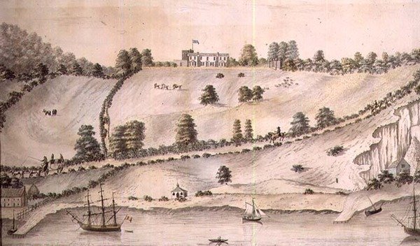 Elvelandskap med frakt og Dover-bussen, ca. 1800 (penn og vask) (par 72976) av English School