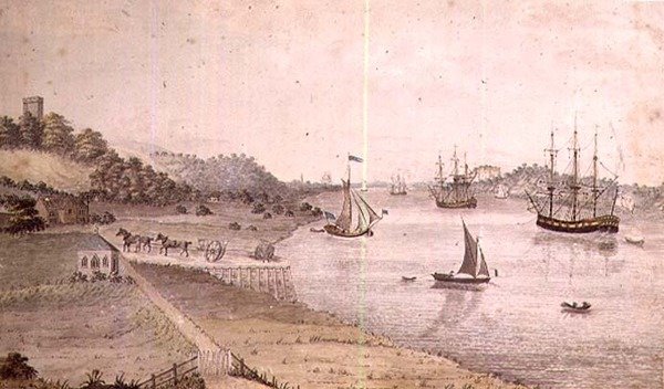 Elvelandskap med frakt og Dover Coach, ca. 1800 (penn og vask) (par 72977) av English School