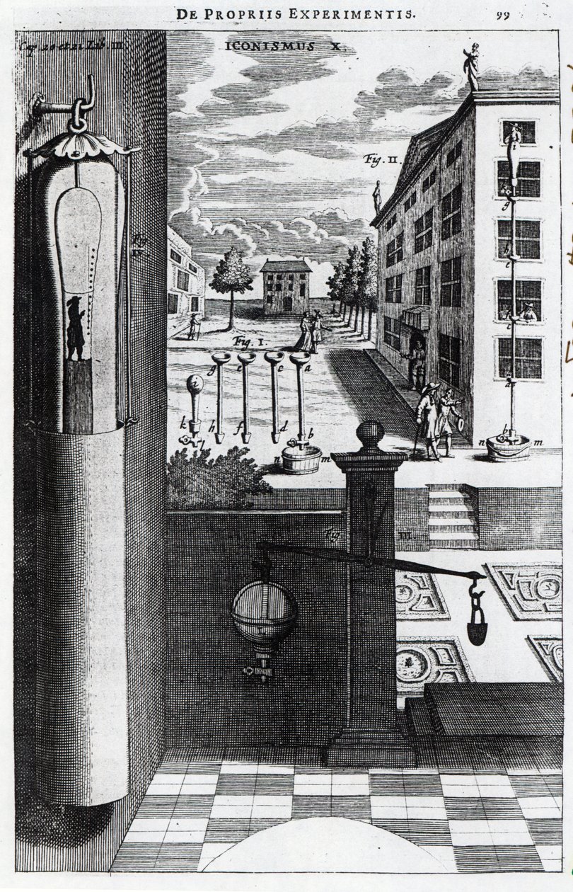 Robert Boyles designer og ideer for vakuumpumpen publisert i 1669 av English School