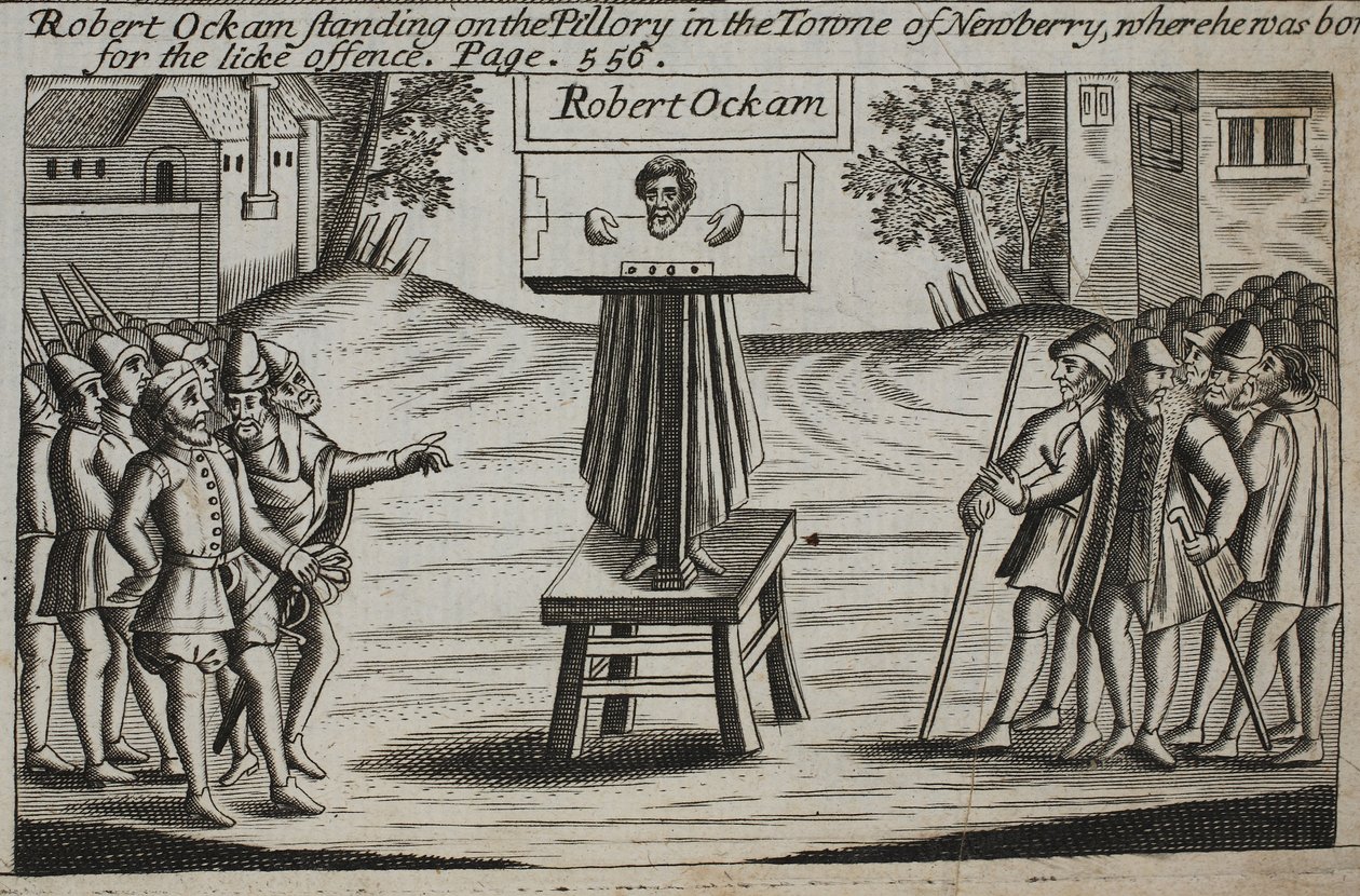 Robert Ockam stående på søylen i byen Newberry, hvor han ble født, illustrasjon fra Acts and Monuments av John Foxe, niende utgave, pub. 1684 av English School
