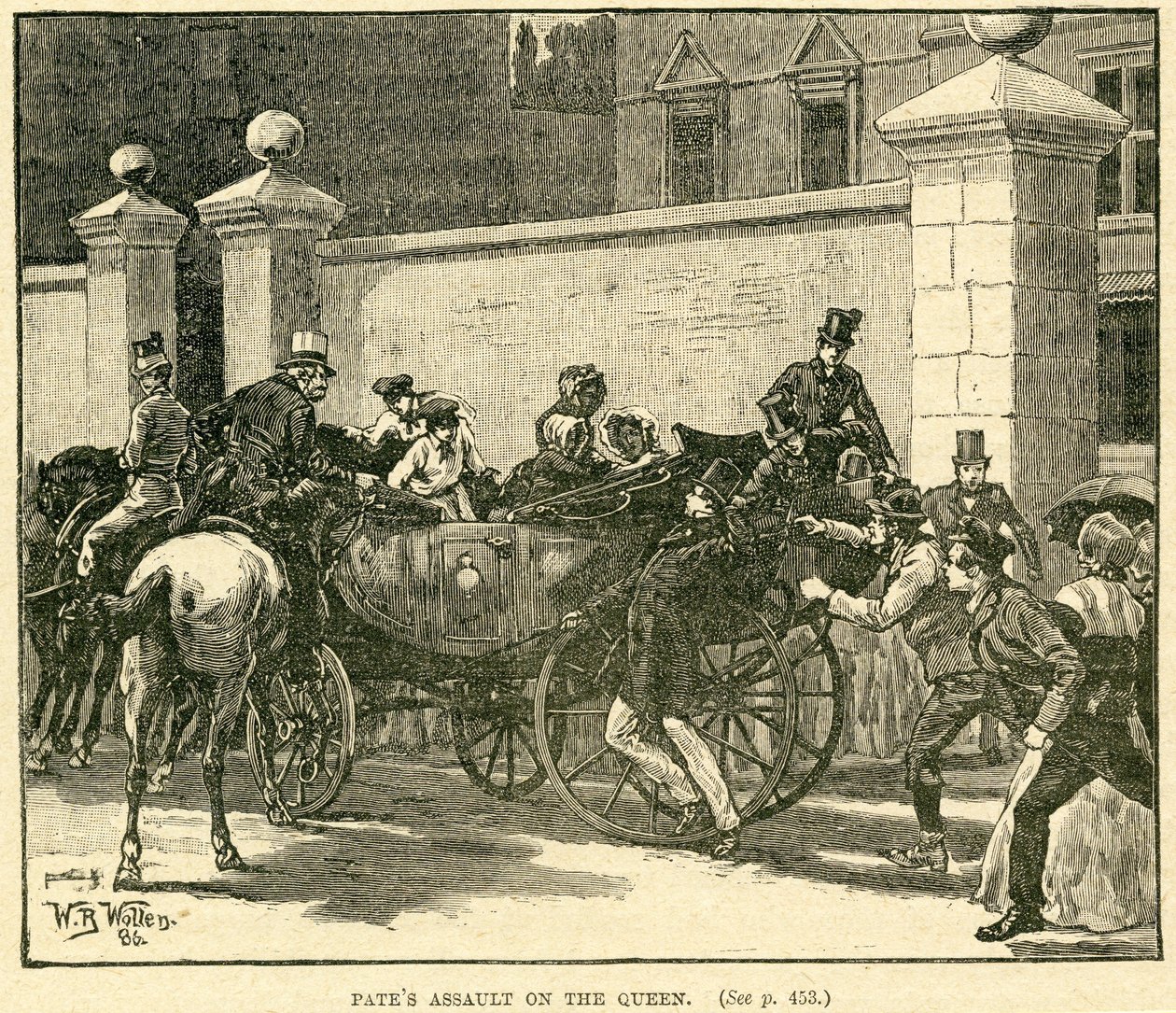 Robert Pates Striking the Queen utenfor Cambridge House, illustrasjon hentet fra The Life and Times of Queen Victoria, Vol. II av Robert Wilson, 1888 av English School