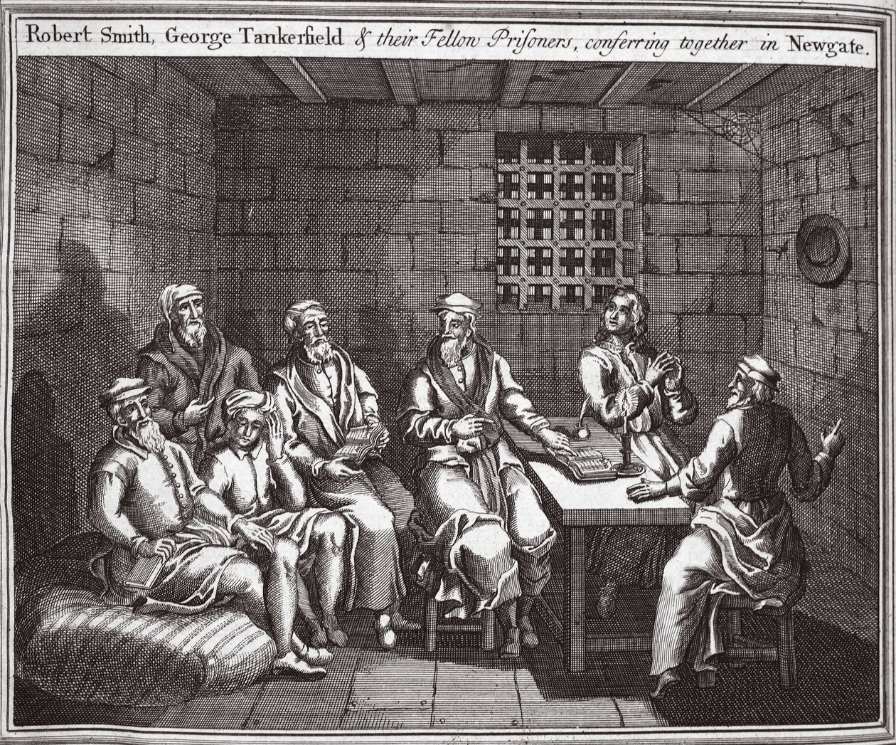 Robert Smith, George Tankerfield og deres medfanger, konfererte sammen i Newgate, illustrasjon fra Foxes Martyrs ca. 1703 av English School