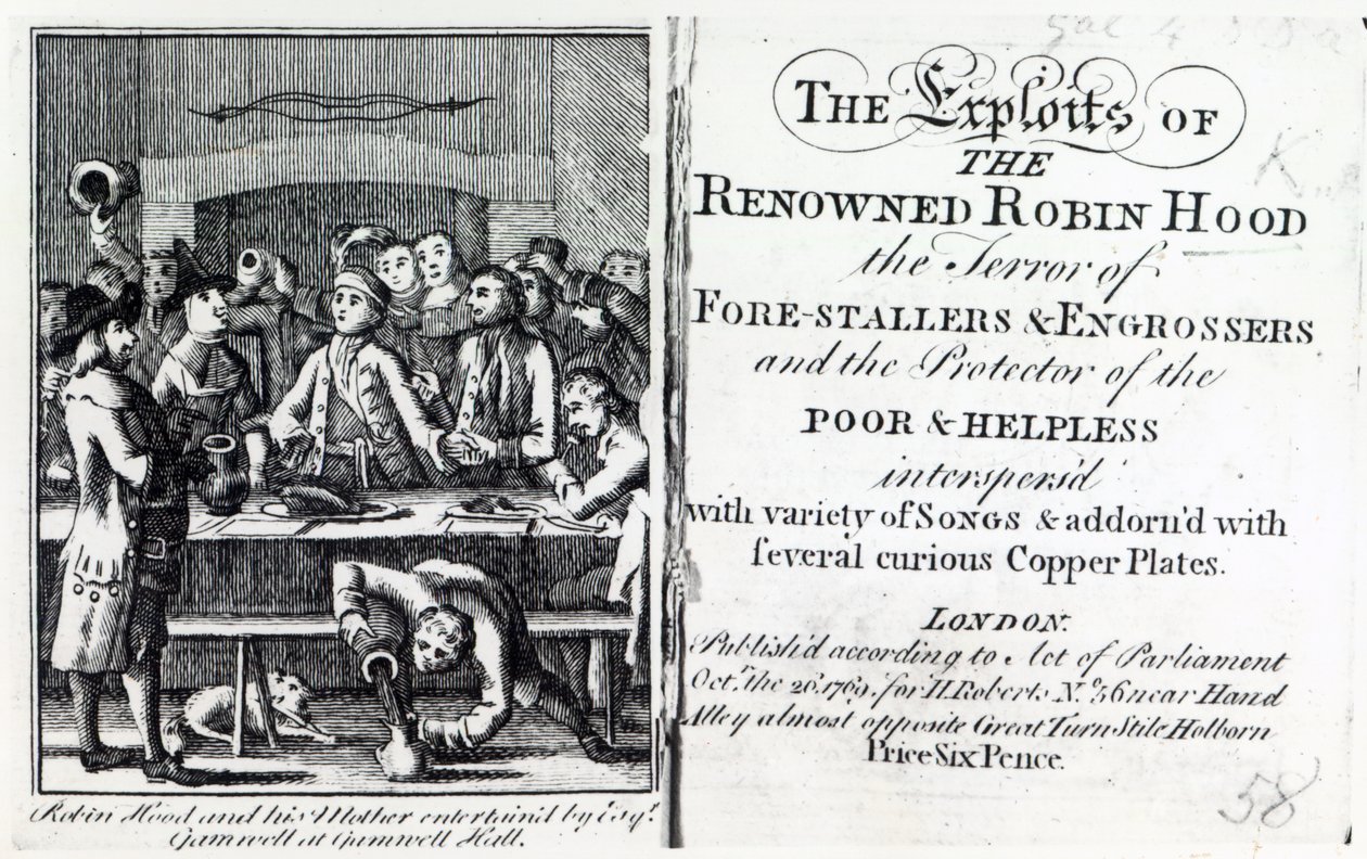 Robin Hood og moren hans underholdt av Esq Gamnell i Gamnell Hall, frontispice til 