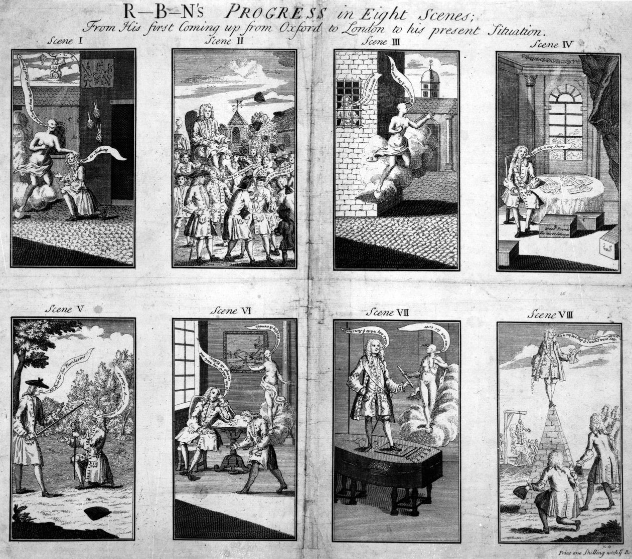 Robins Progress i åtte scener, fra hans første gang fra Oxford til London til hans nåværende situasjon, 1733 av English School