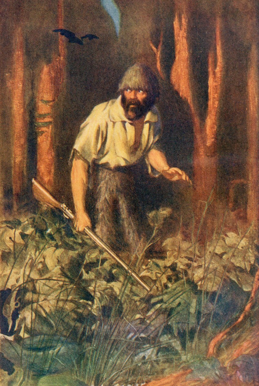 Robinson Crusoe alene på øya, illustrasjon fra 