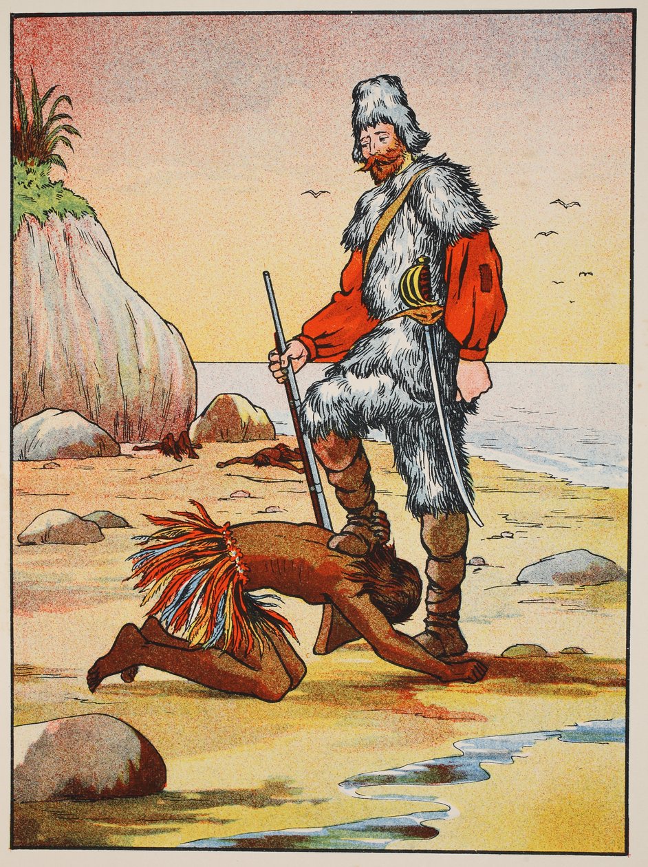 Robinson Crusoe og Friday, illustrasjon fra The Story of Robinson Crusoe: An adaptation for children following Defoes language, pub. av Griffith Farran Browne & Co. Limited, London av English School