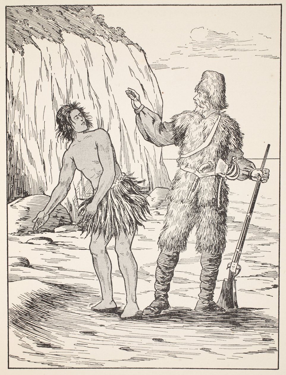 Robinson Crusoe og Friday, illustrasjon fra The Story of Robinson Crusoe: An adaptation for children following Defoes language, pub. av Griffith Farran Browne & Co. Limited, London av English School