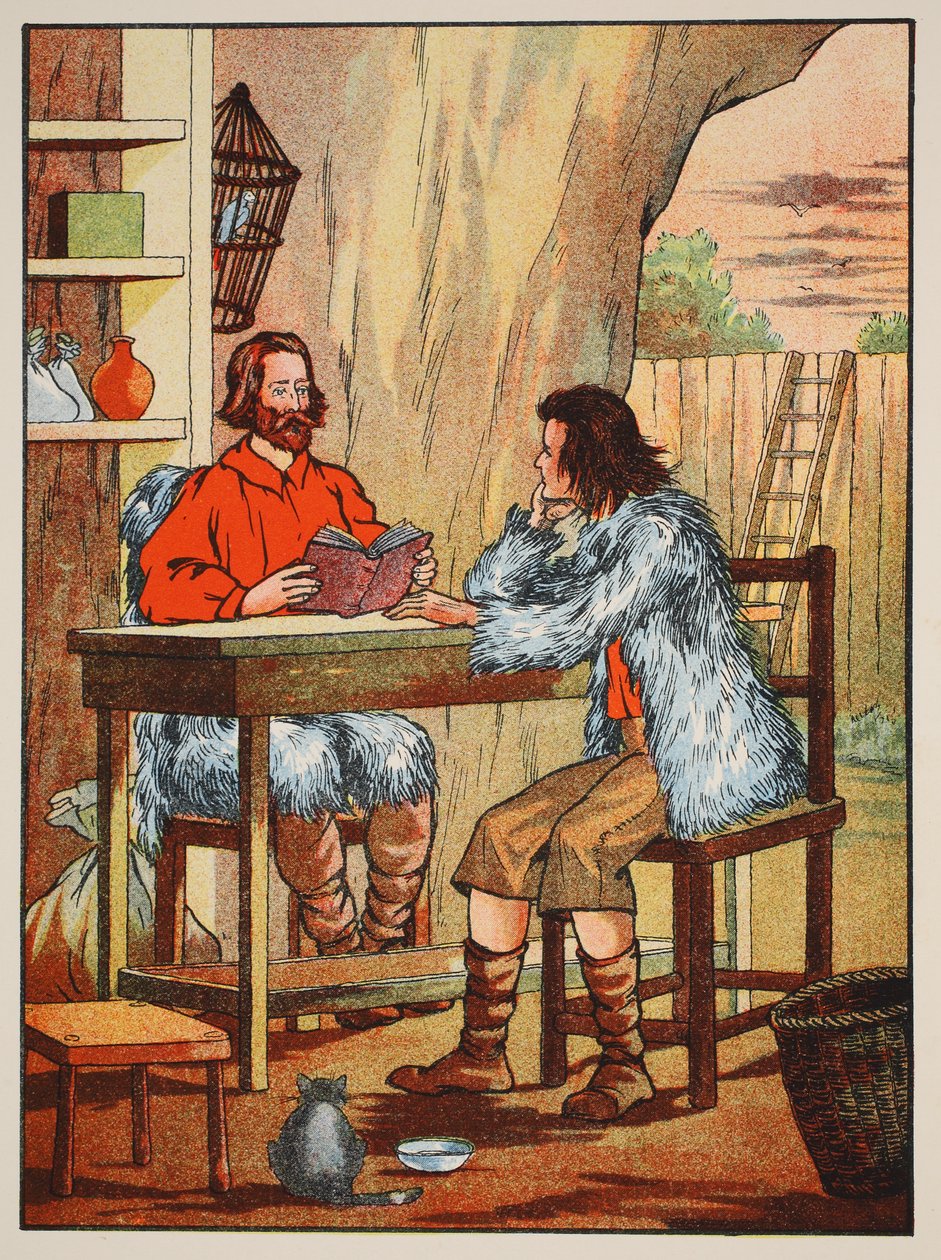 Robinson Crusoe og Friday, illustrasjon fra The Story of Robinson Crusoe: An adaptation for children following Defoes language, pub. av Griffith Farran Browne & Co. Limited, London av English School
