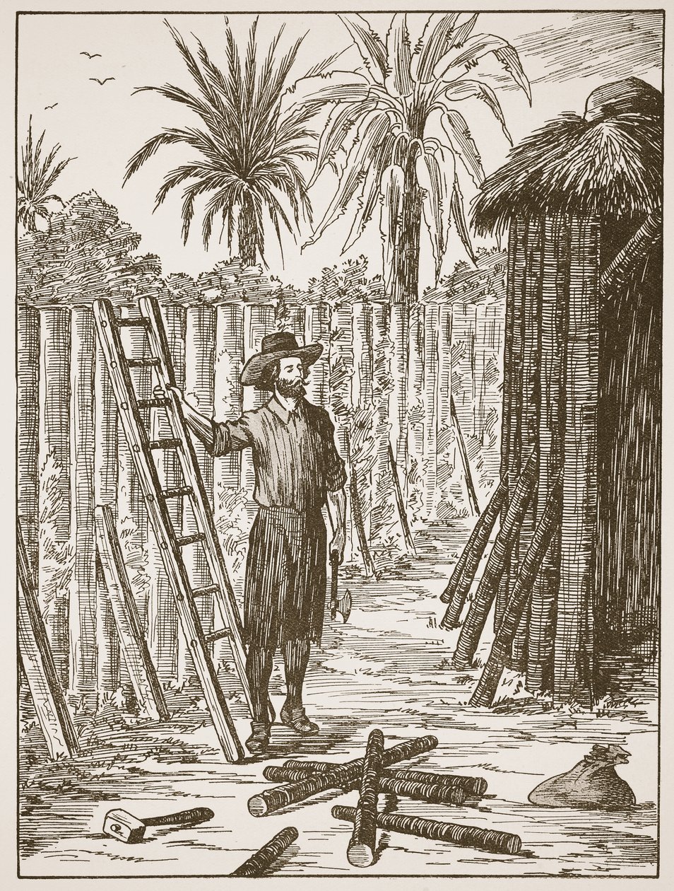 Robinson Crusoe bygger buen sin, illustrasjon fra The Story of Robinson Crusoe: En tilpasning for barn etter Defoes-språket, pub. av Griffith Farran Browne & Co. Limited, London av English School