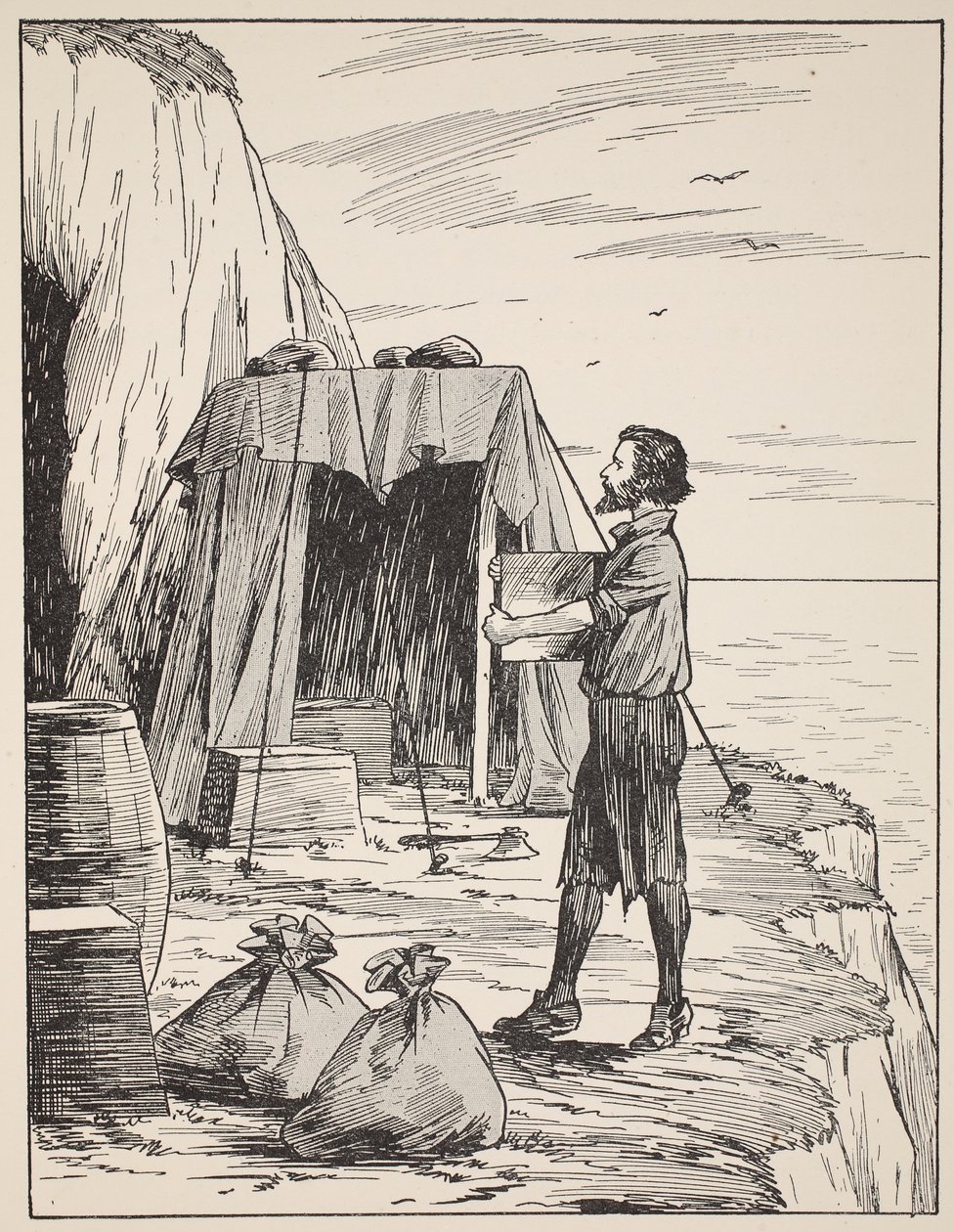 Robinson Crusoe bygger sitt tilfluktsrom, illustrasjon fra The Story of Robinson Crusoe: An adaptation for children following Defoes language, pub. av Griffith Farran Browne & Co. Limited, London av English School
