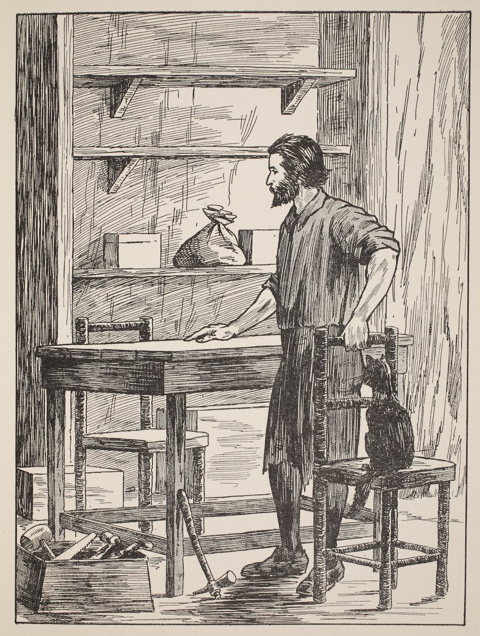 Robinson Crusoe bygger bord og stoler for hulen hans, illustrasjon fra The Story of Robinson Crusoe: En tilpasning for barn etter Defoes-språket, pub. av Griffith Farran Browne & Co. Limit av English School