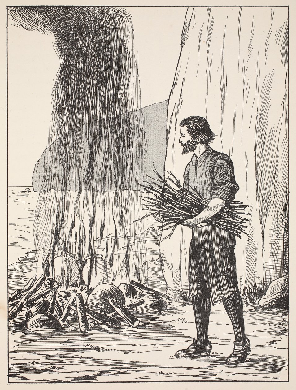 Robinson Crusoe cooking, illustrasjon fra The Story of Robinson Crusoe: En tilpasning for barn etter Defoes språk, pub. av Griffith Farran Browne & Co. Limited, London av English School