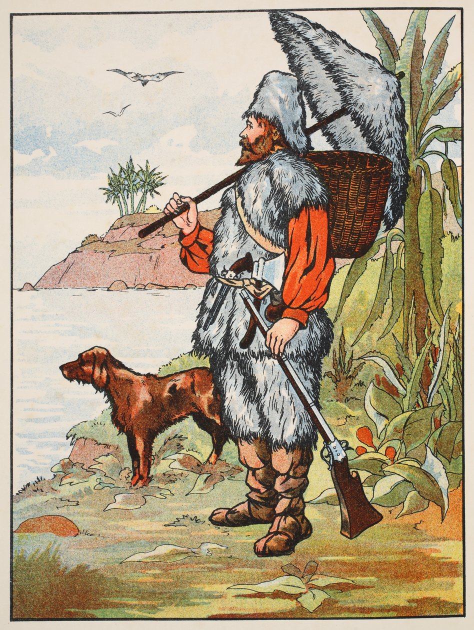 Robinson Crusoe, illustrasjon fra The Story of Robinson Crusoe: En tilpasning for barn etter Defoes-språket, pub. av Griffith Farran Browne & Co. Limited, London av English School