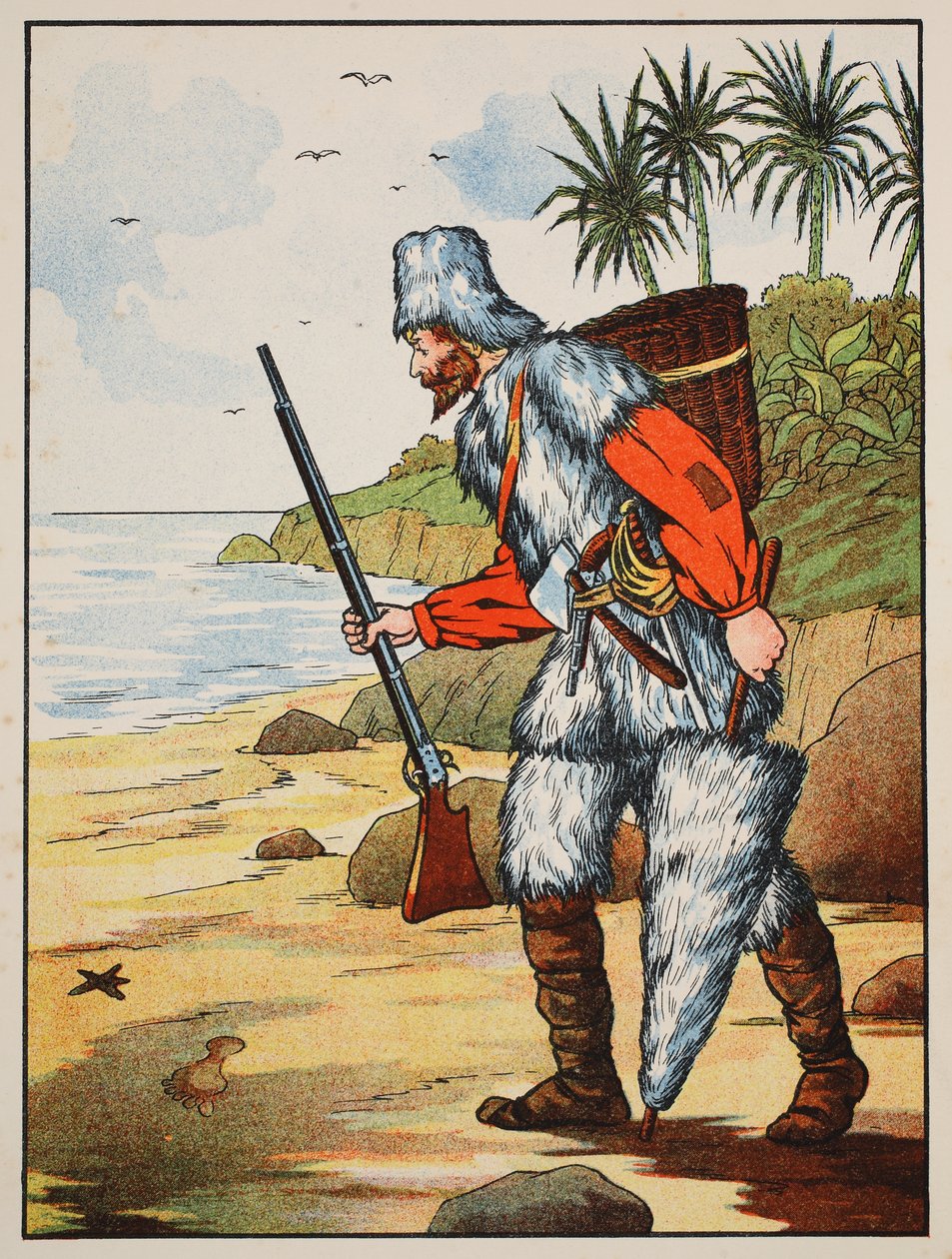 Robinson Crusoe, illustrasjon fra The Story of Robinson Crusoe: En tilpasning for barn etter Defoes-språket, pub. av Griffith Farran Browne & Co. Limited, London av English School