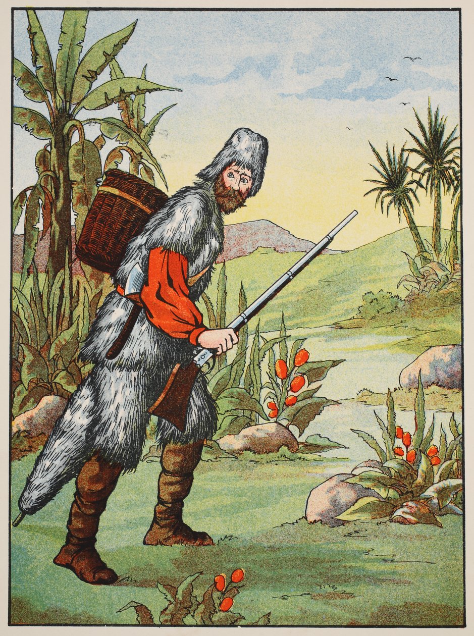 Robinson Crusoe, illustrasjon fra The Story of Robinson Crusoe: En tilpasning for barn etter Defoes-språket, pub. av Griffith Farran Browne & Co. Limited, London av English School