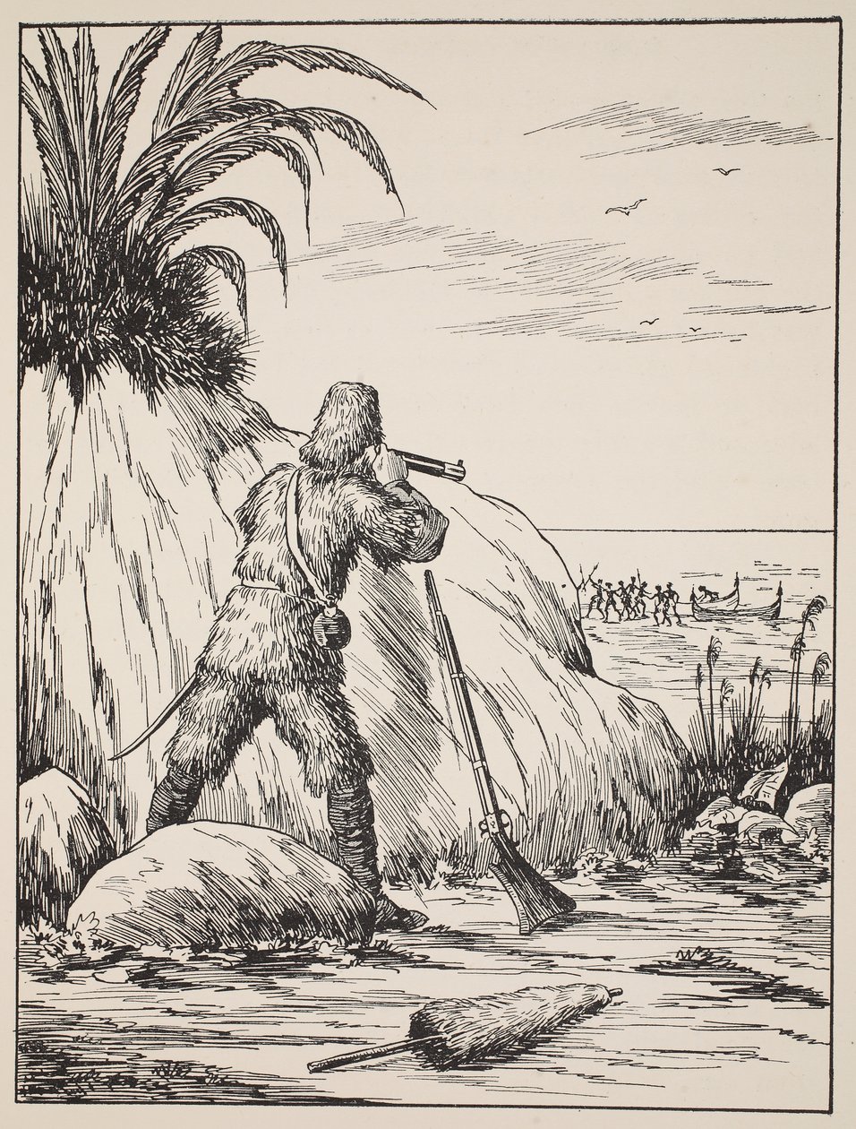 Robinson Crusoe, illustrasjon fra The Story of Robinson Crusoe: En tilpasning for barn etter Defoes-språket, pub. av Griffith Farran Browne & Co. Limited, London av English School