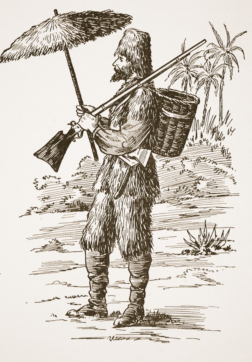 Robinson Crusoe, illustrasjon fra The Story of Robinson Crusoe: En tilpasning for barn etter Defoes-språket, pub. av Griffith Farran Browne & Co. Limited, London av English School