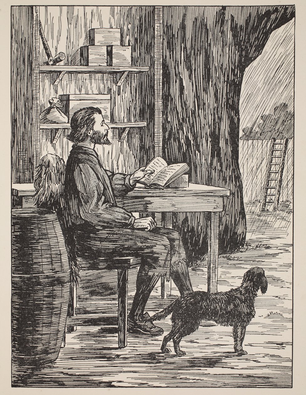Robinson Crusoe in his hule, illustrasjon fra The Story of Robinson Crusoe: An adaptation for children following Defoes language, pub. av Griffith Farran Browne & Co. Limited, London av English School