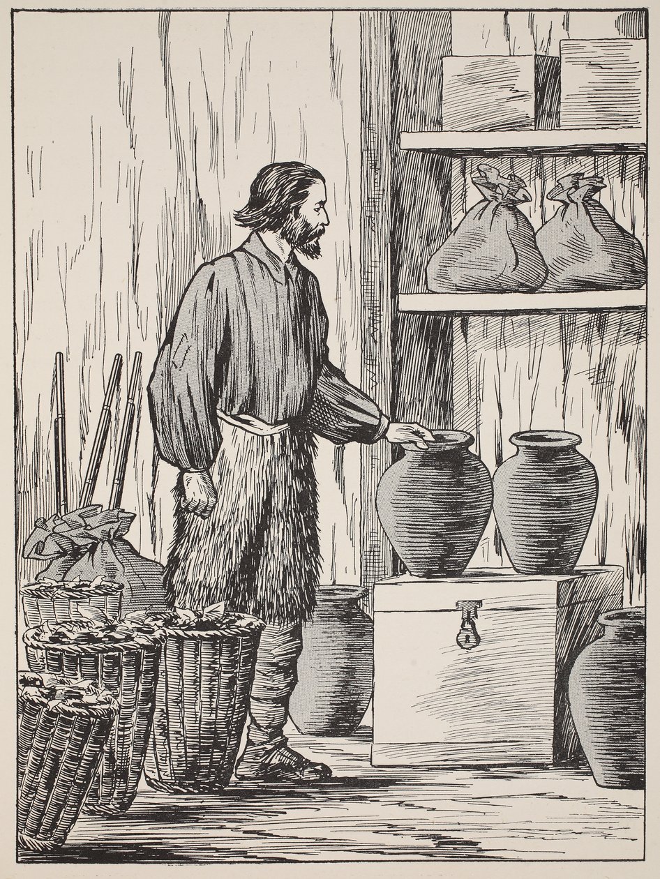 Robinson Crusoe i lagerrommet hans, illustrasjon fra The Story of Robinson Crusoe: An adaptation for children following Defoes language, pub. av Griffith Farran Browne & Co. Limited, London av English School