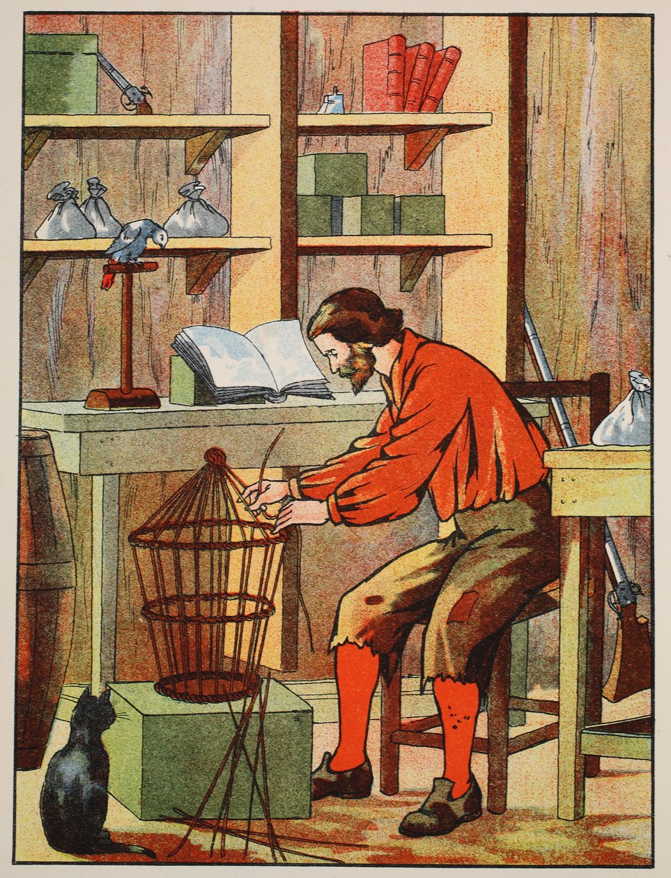 Robinson Crusoe lager et bur til papegøyen sin, illustrasjon fra The Story of Robinson Crusoe: An adaptation for children following Defoes language, pub. av Griffith Farran Browne & Co. Limited, London av English School