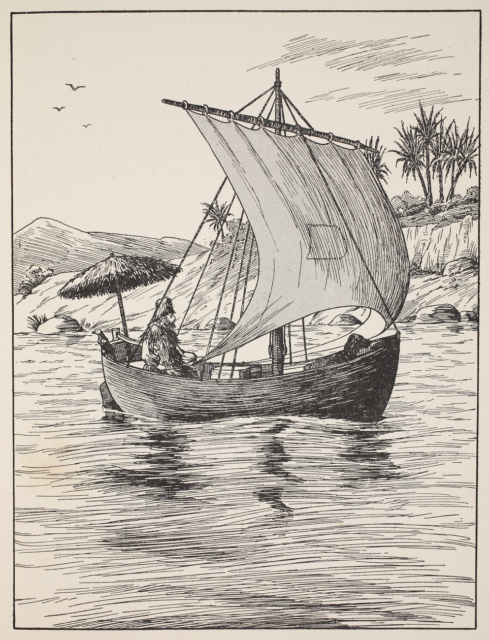 Robinson Crusoe på båten sin, illustrasjon fra The Story of Robinson Crusoe: An adaptation for children following Defoes language, pub. av Griffith Farran Browne & Co. Limited, London av English School